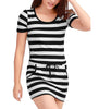 Allegra K Women Short Sleeve Stripe Drawstring Mini Tee Dresses with Pockets