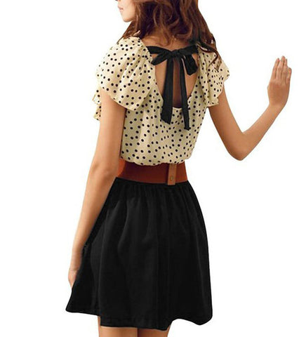 Allegra K Women Dots Print Flouncing Patchwork Dress W Waist Belt